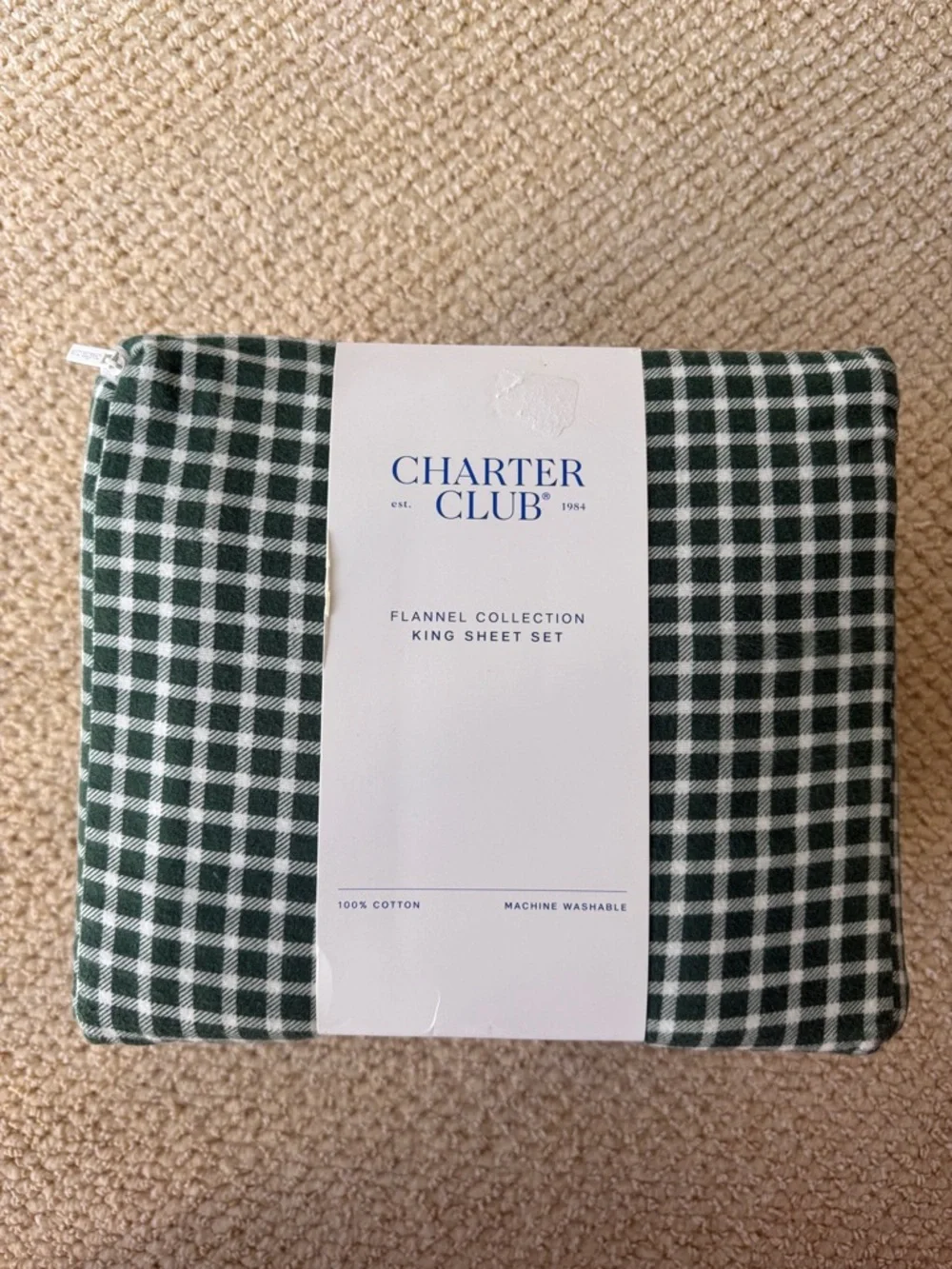 Charter Club Dark Green and White Plaid Flannel King Sheet Set